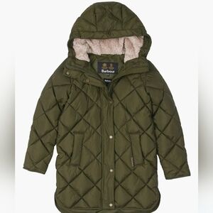 Barbour Kids' Sandyford Quilted Jacket With Faux Fur Lined Hood Green Size 8-9